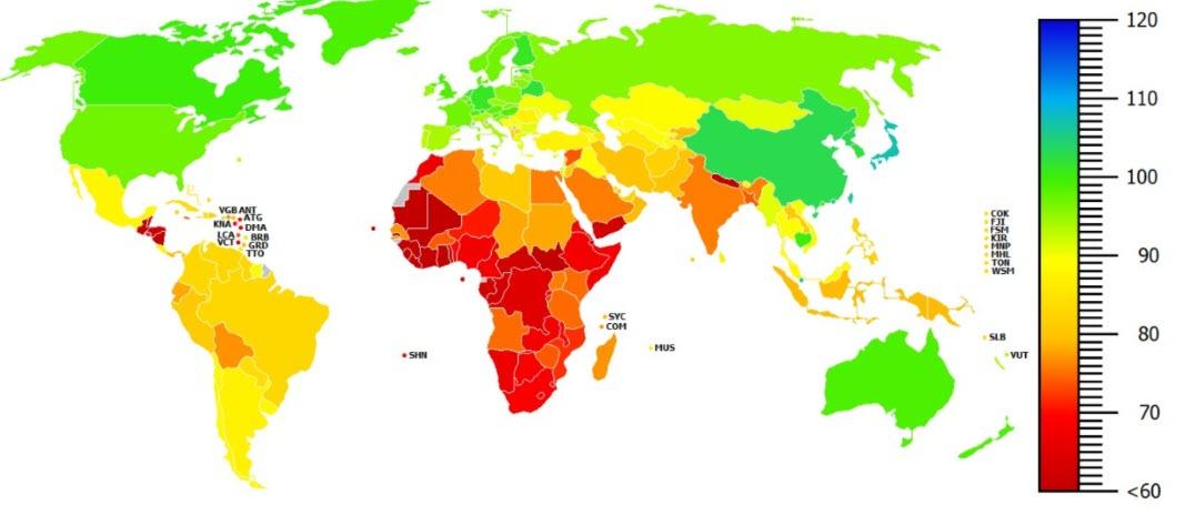 Average IQ test scores worldwide
